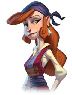 A woman depicted in a stylized art form. Possessing long red hair and green eyes, the woman wears a traditional pirate outfit with a blue headscarf. An earring with a large diamond hangs from her left ear.