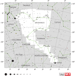 Diagram showing star positions and boundaries of the Eridanus constellation and its surroundings