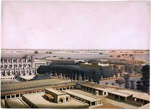 A 19th-century painting showing several buildings within a compound.