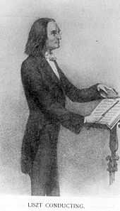 drawing of a man wearing a dark tailcoat and striped trousers standing with a baton in front of a music stand