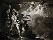 A nearly naked man with finely defined muscles stands strongly with his right arm upraised. In the background are three amorphous figures swirling around with hoods over their heads. There is a second man standing between the first and the figures, pushing the figures away.