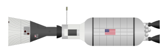 Drawing of a spacecraft and a rocket stage docked together