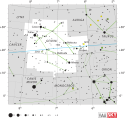 Diagram showing star positions and boundaries of the Gemini constellation and its surroundings