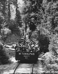 A single open railroad car, on a single rail track that twists and turns through a forest. The car is carrying more than 40 passengers, all of whom are wearing hats.