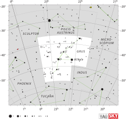 Diagram showing star positions and boundaries of the Grus constellation and its surroundings