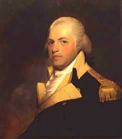 Portrait shows a white-haired man in a dark blue military uniform with buff lapels and gold epaulettes.