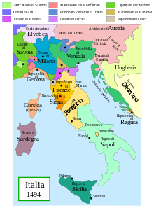 Map of Italy in the late 15th century, in Italian, showing the major powers of Florence, Milan, Naples, the Papal States and Venice, plus the more-minor powers such a Genoa, Modena–Ferrara, Mantua, Sienna and Lucca.