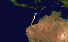 A map of a path across the eastern Indian Ocean near Australia. Most of the country can be seen in the right side of the image. Some of the Indonesian islands are visible at the top.