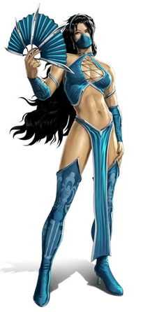 This image shows a muscular, large-chested, dark-haired masked female. She is wearing a revealing blue outfit, including a long loincloth, thigh-high boots with high heels, elbows-long handless gloves and a silver tiara on her head, and is wielding a pair of unfolded bladed fans.