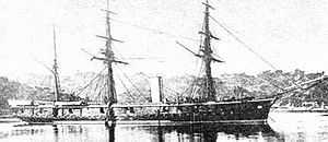 Three-masted armoured warship.