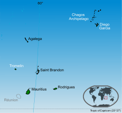 Islands of the Republic of Mauritius labelled in black, Tromelin and Chagos archipelago are claimed by Mauritius.