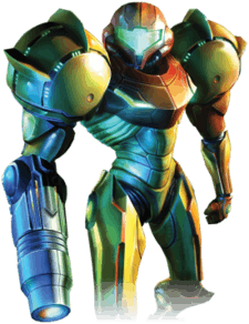 A person in a big, futuristic-looking powered suit with a helmet. The right arm is a large firearm. The shoulders are particularly large, bulky, and rounded.