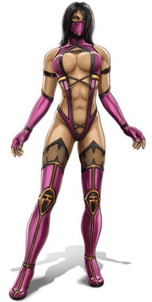 This image shows a muscular, large-chested, black-haired masked female with all-yellow eyes. She is wearing a revealing, skin-tight outfit of dark-pink, black and gold, including tighs-high boots with high heels and elbows-long fingerless gloves.