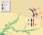 Day 3, Phase 1. showing Byzantine left wing and center pushing back respective Muslim divisions.