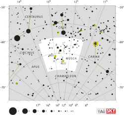 Diagram showing star positions and boundaries of the Musca constellation and its surroundings