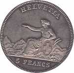 Helvetia seated, pointing left, holding Swiss shield. Legend above, denomination below.