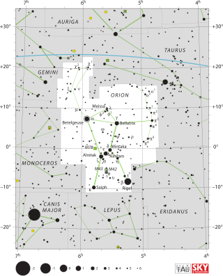 Diagram showing star positions and boundaries of the Orion constellation and its surroundings