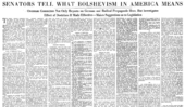 Newspaper clipping headlined "SENATORS TELL WHAT BOLSHEVISM IN AMERICA MEANS. Overman Committee Not Only Reports on German and Radical Propaganda Here, But Investigates Effect of Doctrines If Made Effective—Makes Suggestions as to Legislation"