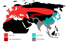 Map of Eurasia and North Africa with ranges depicted in four colours