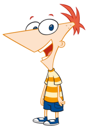 A picture of a red-haired boy, with a yellow and orange striped shirt with blue shorts, a pair of black shoes, that has a triangular face and it is sideways including a circular ear, who has black eyes with a white dot. He is an american who is a stepbrother. He has an american accent because he was born in America and says the phrase,"Ferb I know what we are going to do today!"