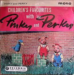 Album cover of Children's Favourites with Pinky and Perky. Photographic illustration: Perky and a blue bird stand alongside Perky (seated) in front of a brick wall.