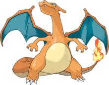 A bidepal orange dragon with a cream underbelly stands facing the viewer. Its wing membranes are colored blue and it has a small fire on the tip of its tail. Its head is turned to the left and it is looking up toward toward the sky.