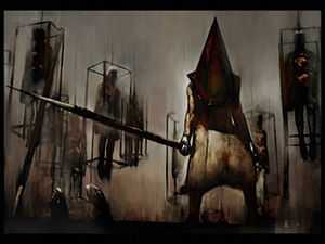 A screenshot of a painting featured in a video game; a pale-skinned, spear-wielding, and muscular monster with a red, triangular head stands in the center, surrounded by caged humanoids.