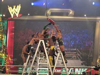 Seven professional wrestlers of various ethnicities battle on top of four ladders in the ring, reaching for a red briefcase hanging above them. In the background, the WWE logo can be seen, as well as a giant television screen in the shape of a briefcase.