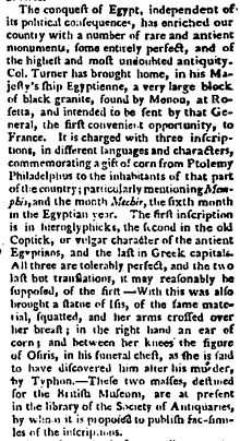 "Image of a contemporary newspaper report from 1801 of approximately three column inches describing the arrival of the Rosetta Stone in England"