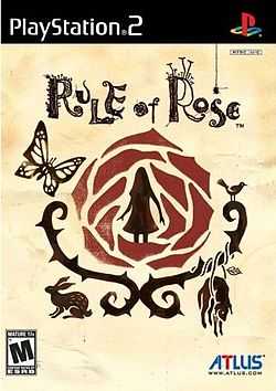 A video game cover. At the top is the PlayStation 2 logo, followed by Rule of Rose and a picture of a girl within a rose; around the thorns of the rose are a butterfly, a rabbit, a bound dog and a bird. Near the bottom is the Mature rating of the game and Atlus.