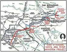 A map showing the Santa Ana River, a few of its tributaries, county boundaries, and a floodplain boundary