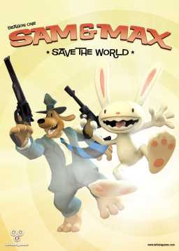 An anthropomorphized cartoon dog and rabbit, the former wearing a blue suit and fedora, ready their sidearms against a yellow background. The title "Sam & Max" dominates above the characters, with "Save the World" just below in smaller text.