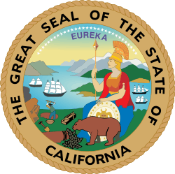 Circular seal surrounded by "THE GREAT SEAL OF THE STATE OF CALIFORNIA", with "EUREKA" atop the central image. A seated woman wearing ancient Roman warrior dress, with a shield at her feet, a spear in one hand, and a crested centurion's helmet, looks over a bay with four sailing ships. A small brown bear at her feet noses at vegetation. A miner in the near distance swings a pickaxe into the dirt near a shovel, pan, and sluice. Tall mountains line the bay, and 31 stars arc through the sky.