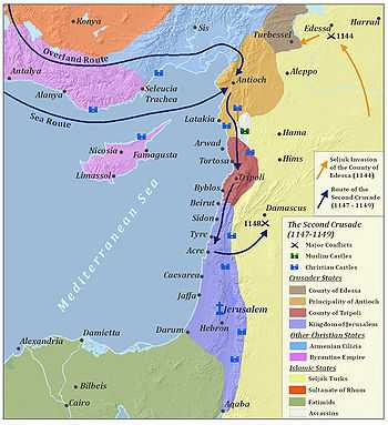 A map of the major battles of the Second Crusade in the Levant, located in the eastern Mediterranean. The major conflict locations and the routes of the Second Crusade are marked. To the north are the Byzantine Empire and the Armenian Cilicia. The Seljuq Turks are located across the east side of the map. To the left of the Seljuqs are, from north to south, the County of Edessa, the Principality of Antioch, the County of Tripoli, and the Kingdom of Jerusalem. To the south are the Fatimids, mainly located in the Sinai Peninsula and modern-day Egypt.