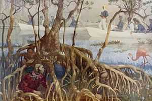 Marines, sailors, and local guides in rowboats navigating a swamp while hidden Seminole indians watch