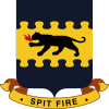 An insignia with a dark four-legged feline breathing fire on a yellow background. There is a blue artistic border at the top and bottom. Below a banner reads "Spit fire".