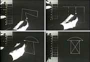 four frames of video showing a hand using a light pen and the Sketchpad software