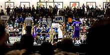 A View from the floor looking at the stage, taken during the final men's basketball game at Texas Hall.