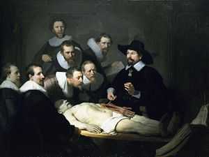 A painting of an autopsy, by Rembrandt, entitled "The Anatomy Lesson of Dr. Nicolaes Tulp"