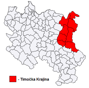 Drawn map of Timočka Krajina, with region highlighted in red