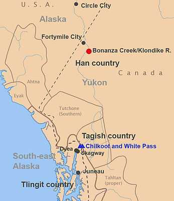 Map of people and places at the time of discovery of gold at the Klondike Yukon at the time of discovery.