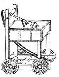 An ink on paper diagram of a trebuchet. A long arm with a spherical cap rests on top of a large square platform. The square platform is supported by four plain cut square beams, which connect to an open undercarriage. Rope hangs between the end of the pole that does not have the cap to the inside of the undercarriage, as far away from the start of the rope as possible. The assembly moves on four wheels attached to the sides of the undercarriage.