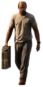 The article subject, a man in his 40's, in a white shirt and dirty-grey trousers. He is carrying a gas canister.