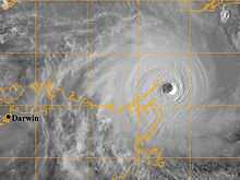 Satellite picture of an intense cyclone approaching Australia.