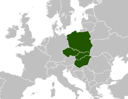 Map of Europe indicating the four member countries of the Visegrad Group.