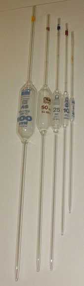 Volumetric pipettes are long tubes with a bulb in the middle.