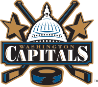 Two hockey sticks crossed behind the image of the United States Capitol, with stars flanking it, a hockey puck at the front, and the team's name emblazoned across the Capitol.