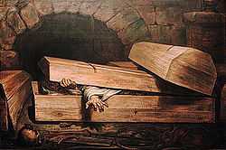 A wooden coffin in a stone vault being opened by a shrouded figure inside.