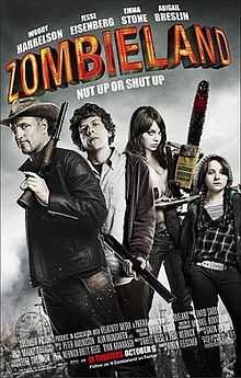 Poster for Zombieland with subtitle "Nut up or shut up". The four actors appear as a group all holding different weapons.