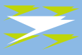 Light blue flag with four green and one green figure